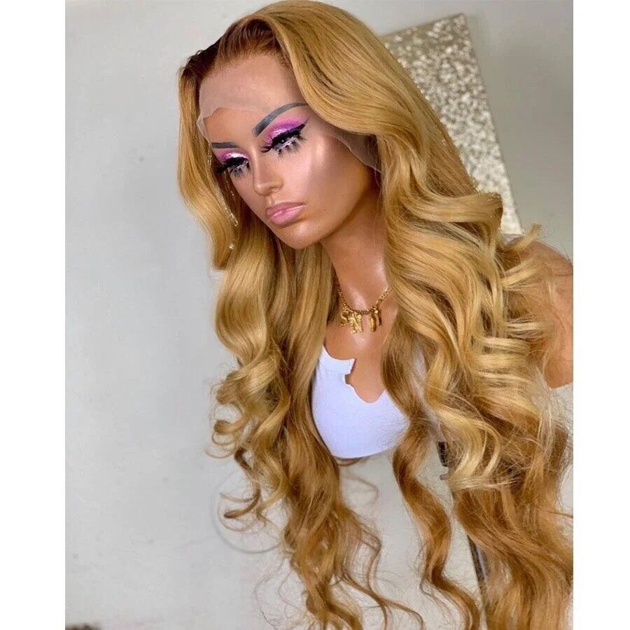 Women Human Hair Wigs Full Lace Front Wavy Long Honey Blonde Wig UK