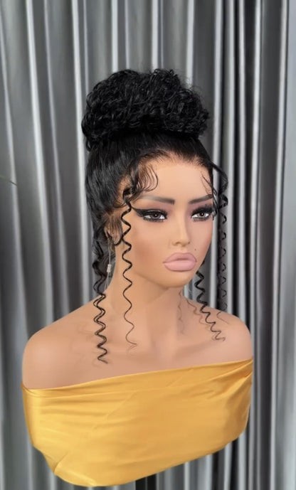  Glueless Pre Styled 360 Lace Wig With Invisible Drawstring 250% Curly Messy Bun