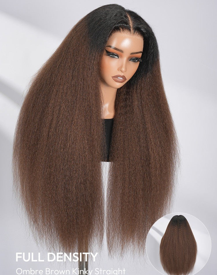 Pre Styled Brown Ombre Yaki Straight Human Hair 300% Full Density Glueless  Wig 