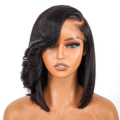 Human Hair Wigs Side Bang Layered Cut Wavy Bob Wig Glueless Women Wig UK