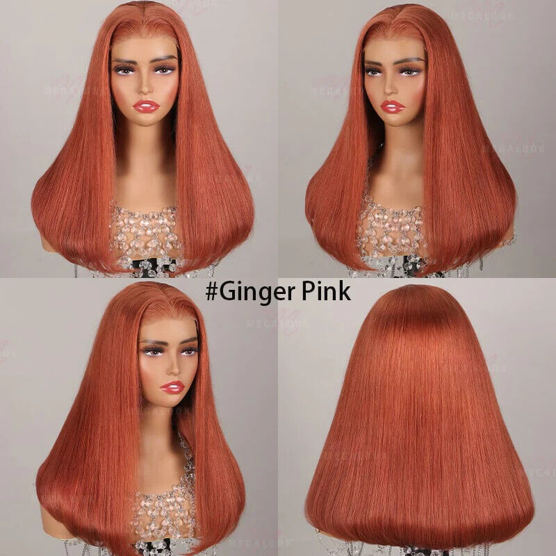 Human Hair Wigs Glueless Women Lace Front Straight Wear And Go #Ginger Pink UK