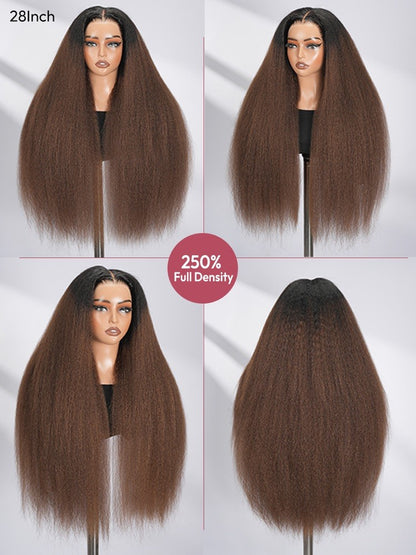 Pre Styled Brown Ombre Yaki Straight Human Hair 300% Full Density Glueless  Wig 