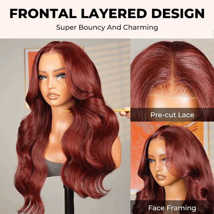 Human Hair Wigs Angora Red Wavy Glueless 13*6 Frontal Wig with Layered Cuts 250%