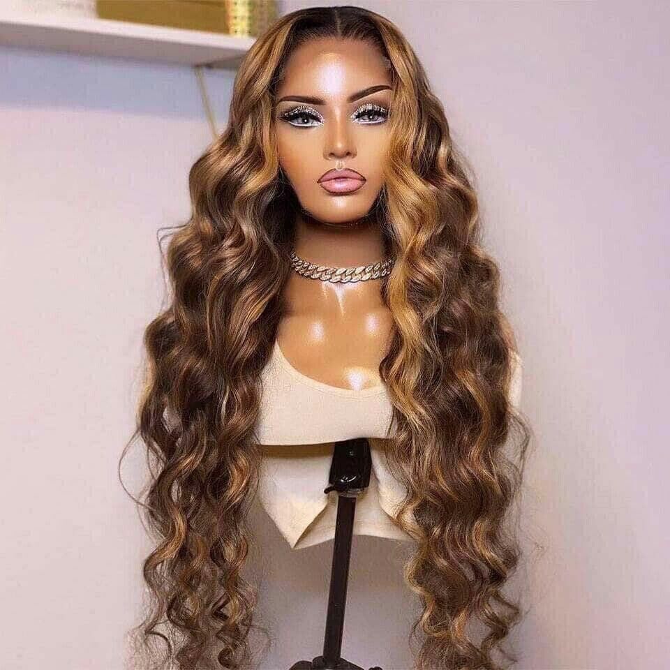 Human Hair Wigs Women Glueless Lace Front Highlights Wavy Long Wig UK