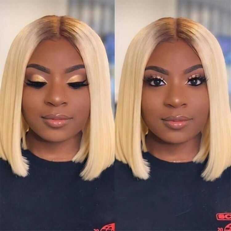 Human Hair Blonde Bob Wigs with Dark Brown Roots Ombre Lace Closure Bob Women UK