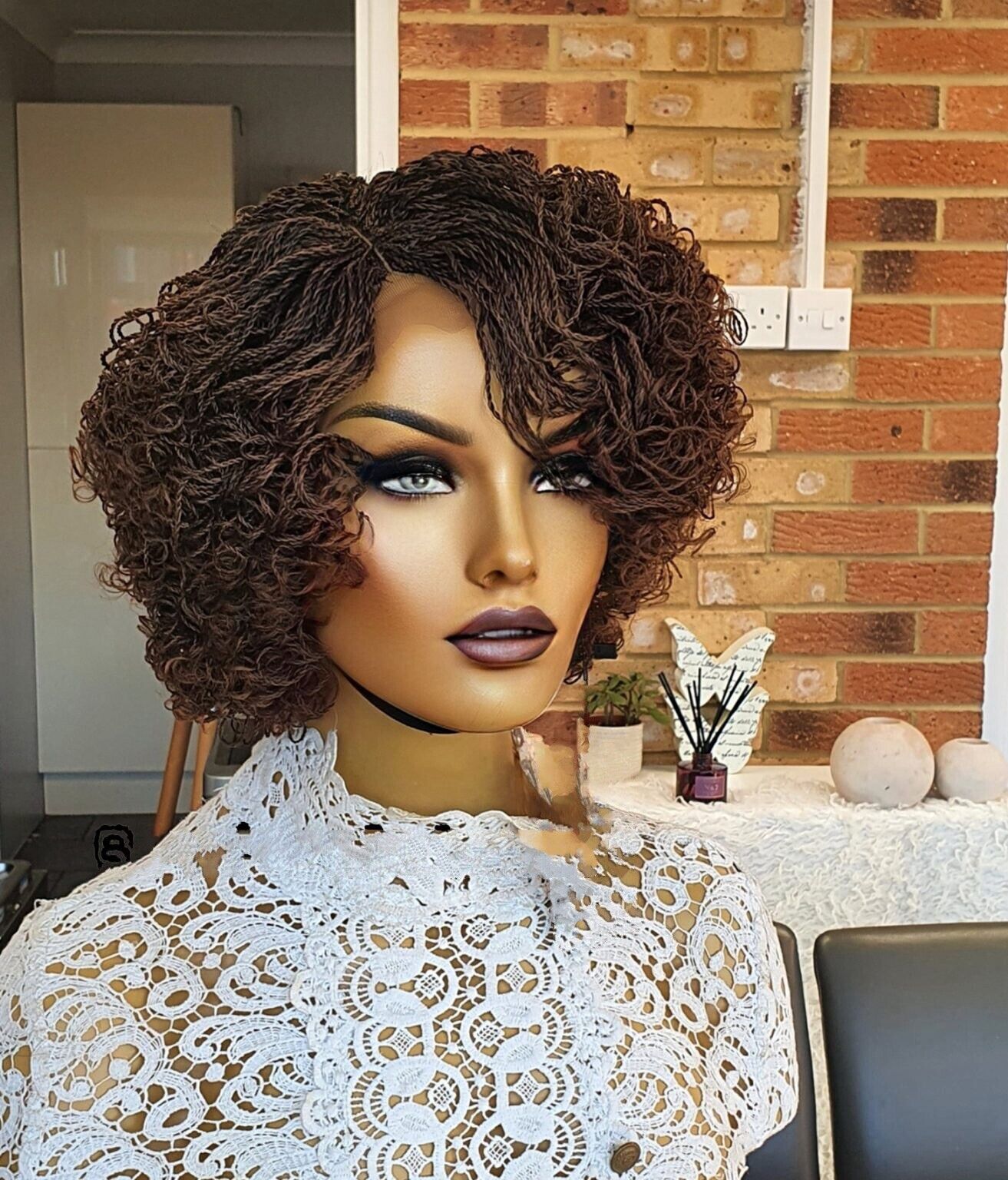 Braided Wigs Fusion Brown Mix Curl Lace Front Short Bob Twists Women Wig UK