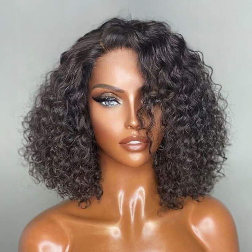 Women Human Hair Wigs Glueless Lace Front Curly Short Wig UK