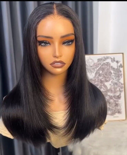 Blunt Cut Bone Straight Human Hair Ready To Go Glueless Lace Front Wig 250%