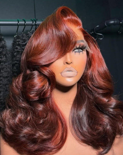 Layered Body Wave Ready To Go Wigs with Curtain Bangs Copper Red Highlight Ombre