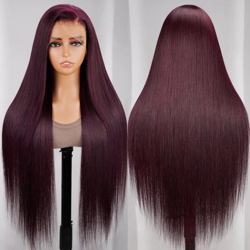 Human Hair Wigs Glueless Women Full Lace Front Straight Long Dark Purple Wig UK