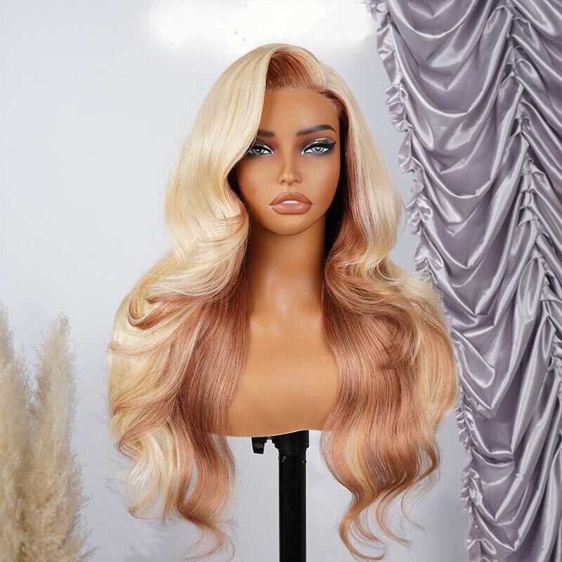 Glueless Blonde And Flaxen Brown Ombre  Human Hair Lace Front Wig 250% Density