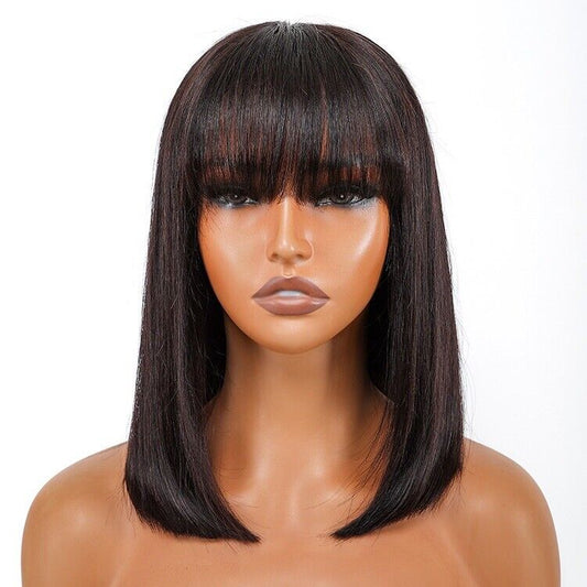 Short Bob With Bangs Human Hair Ready To Go Glueless Lace Front Wig