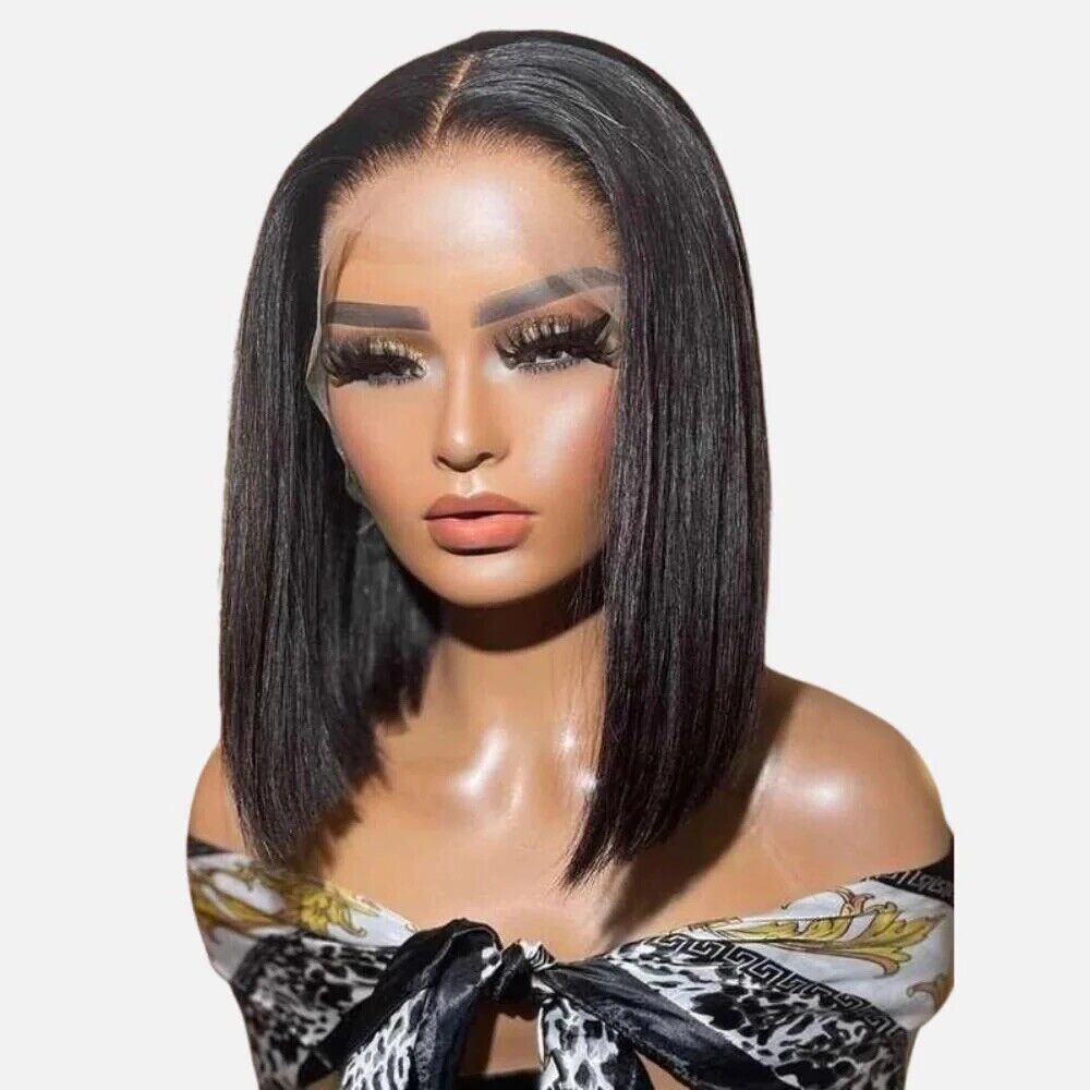 Women Human Hair Wigs Straight Short Full Invisible Crystal Lace Front Wig UK