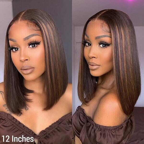 Human Hair Wigs Women Bone Straight Glueless Lace Front Short Bob Wig UK