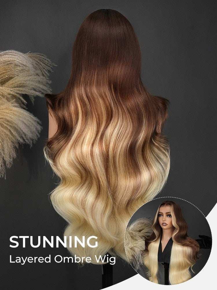 Pre-Styled Layered 250% Density Wig With Skunk Stripe Wavy Hair