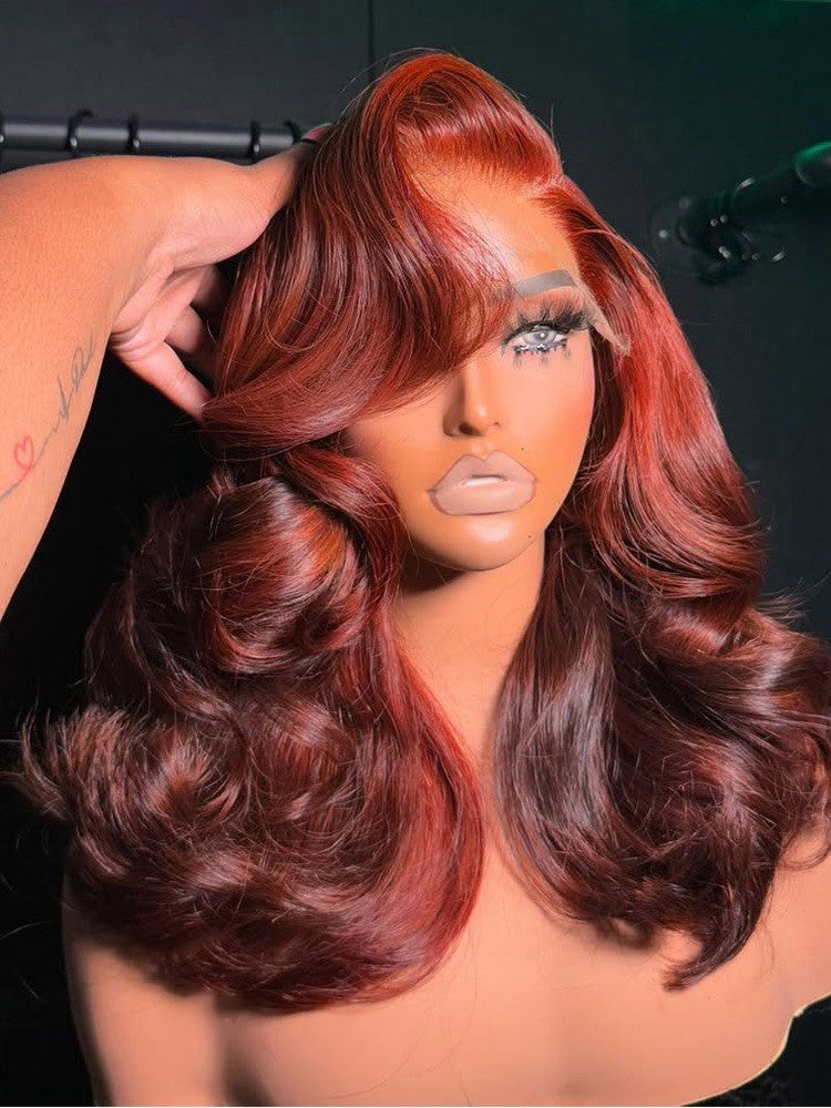 Pre Styled Layered Body Wave Ready To Go Wigs With Curtain Bangs 250% Density 