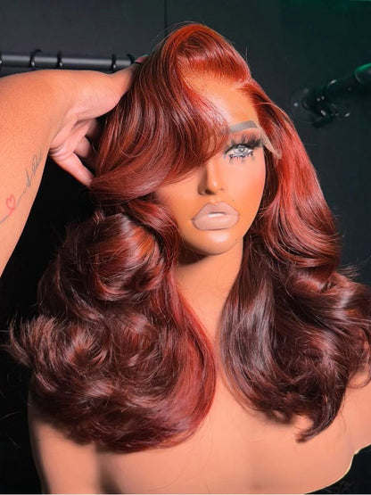 Pre Styled Layered Body Wave Ready To Go Wigs With Curtain Bangs 250% Density 