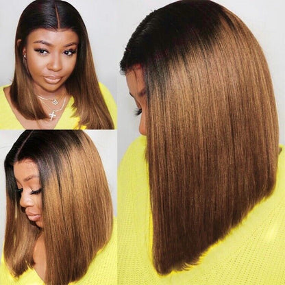 Ombré Short Bob Human Hair Ready To Go Glueless Lace Front Wig