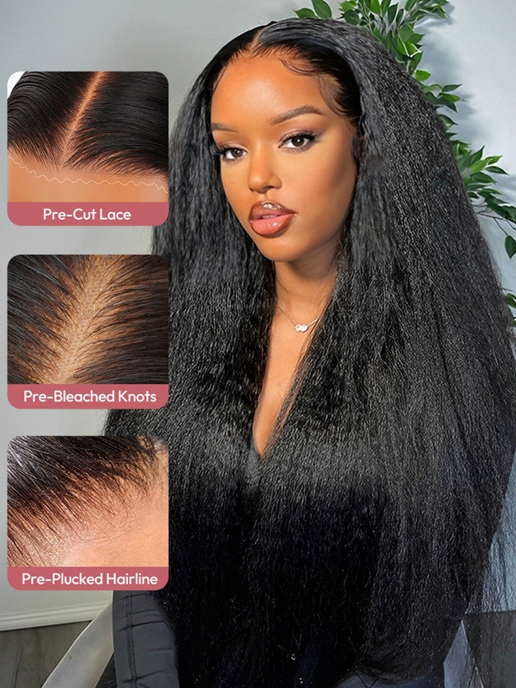 Pre Styled Ready To Wear Yaki Straight Human Hair 300%  Density Glueless  Wig 