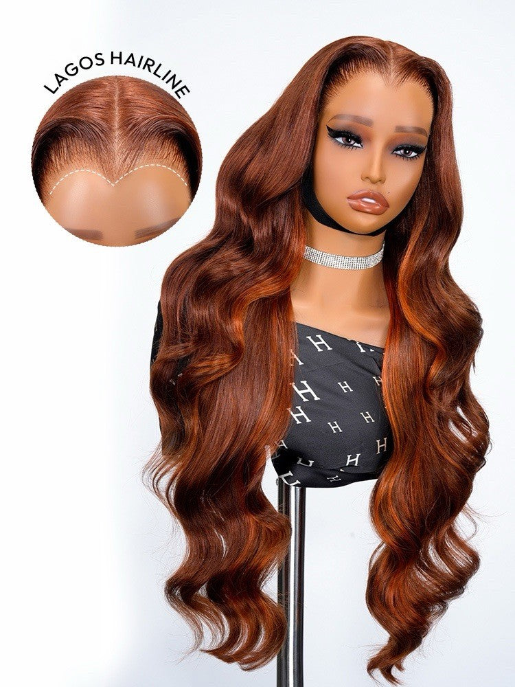 250% Density M Hairline Wavy Dark Burnt Orange Highlight Wig Human Hair Glueless