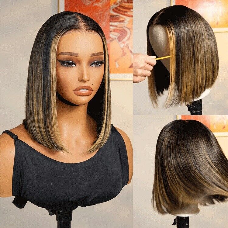 Blunt Cut Short Bob Human Hair Ready To Go Glueless Lace Front Wig