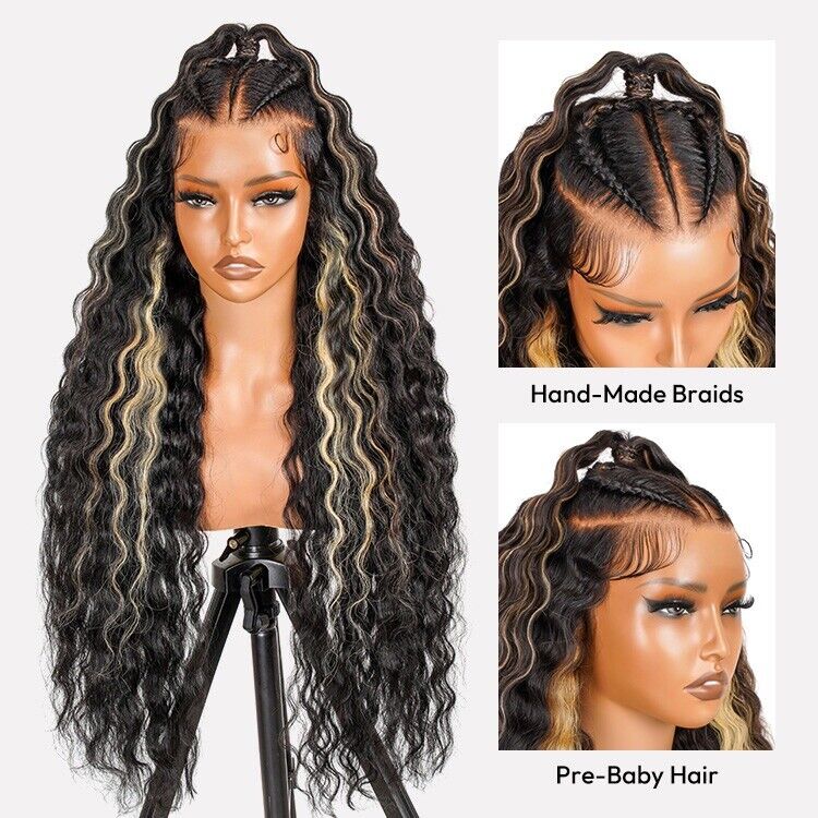 Human Hair Wigs Glueless Pre Styled Braided Lace Front Wear Go Wavy Wig Women UK