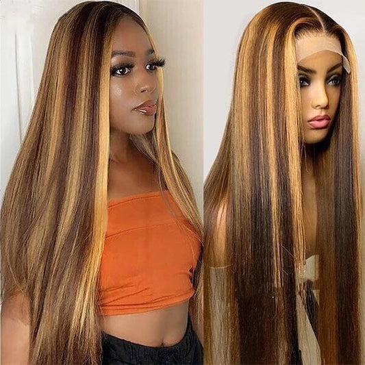 Women Human Hair Wigs Full Glueless Lace Front Straight Long Highlights Wig Uk