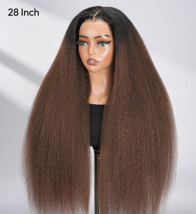 Pre Styled Brown Ombre Yaki Straight Human Hair 300% Full Density Glueless  Wig 