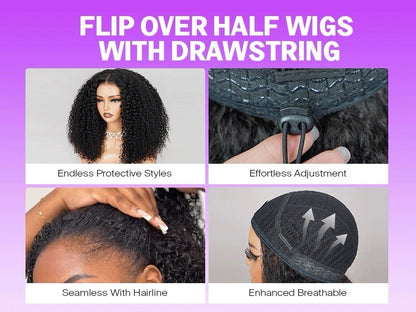 3 In 1 Half Wig Kinky Curl Wear & Go Drawsting Wig No Glue Need Clip In Seamless
