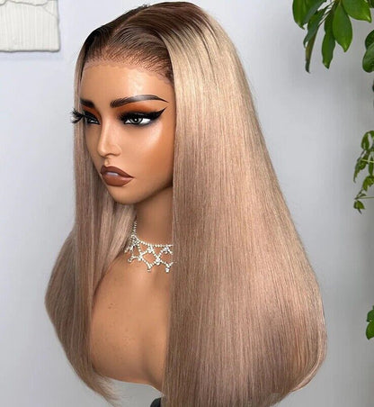 Human Hair Wigs Glueless Women Lace Front Straight Wear And Go #Ombre Blonde UK