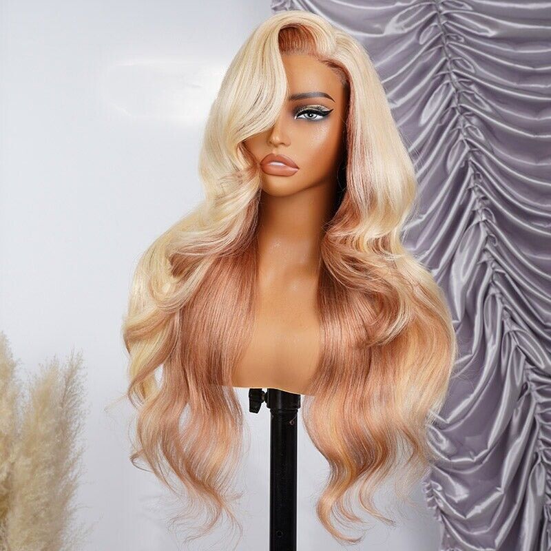 Glueless Blonde And Flaxen Brown Ombre  Human Hair Lace Front Wig 250% Density