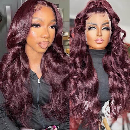 Women Human Hair Wigs Glueless Full Lace Front Dark Purple Wavy Long Wig UK