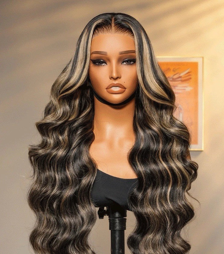 Human Hair Glueless Lace Front Highlight Balayage Piano 250% Density Wavy Wig