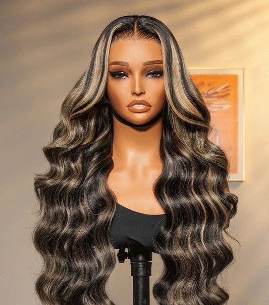 Human Hair Glueless Lace Front Highlight Balayage Piano 250% Density Wavy Wig