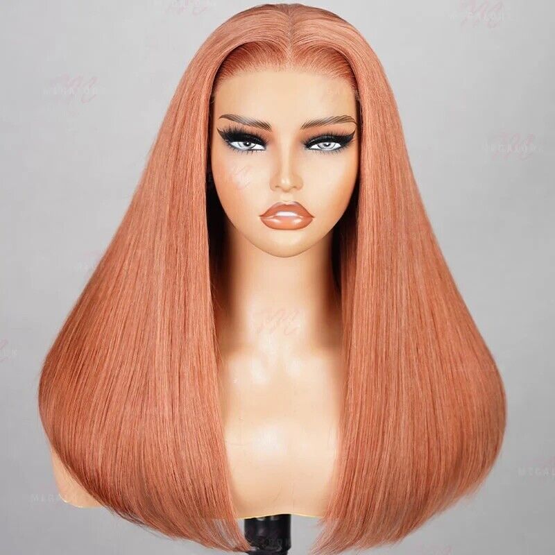 Human Hair Wigs Glueless Women Lace Front Straight Wear And Go #Ginger Pink UK