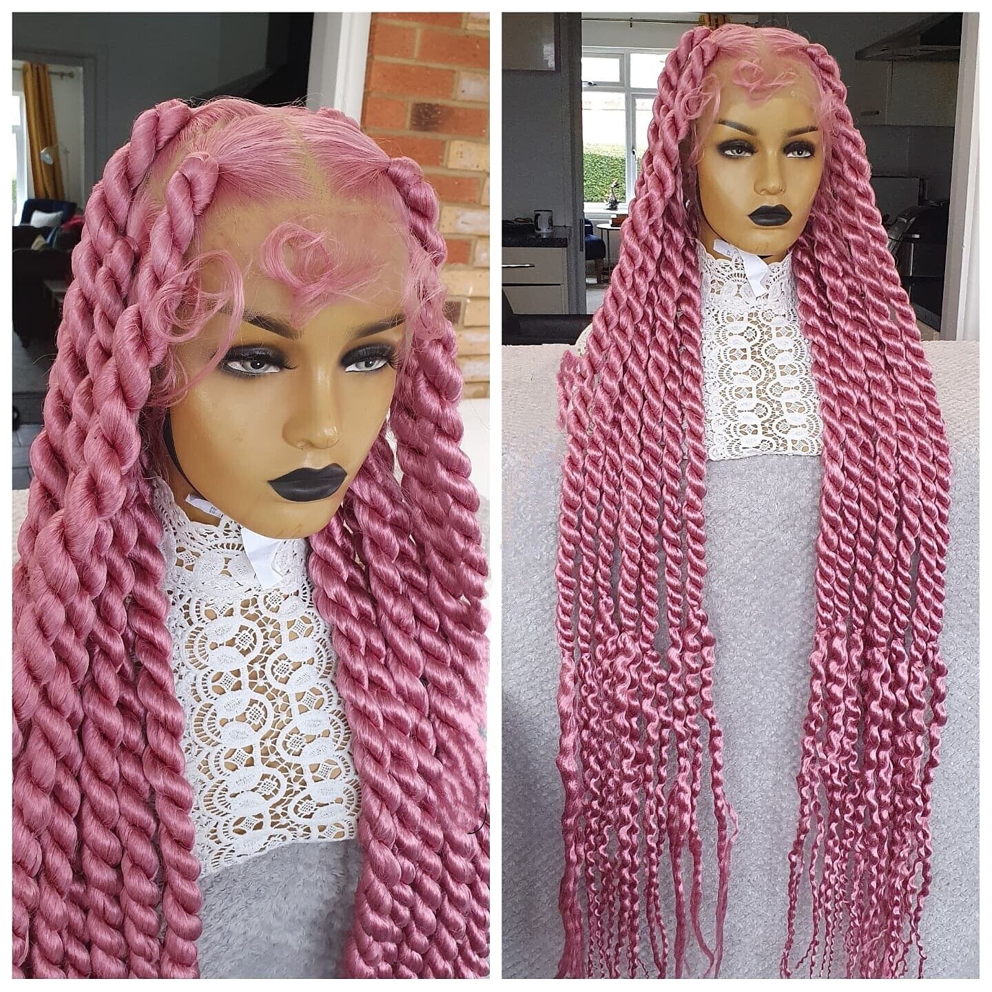 360 Full Lace Funmi Distressed Pink Chunky Twist Braided Wig 35inch Women UK