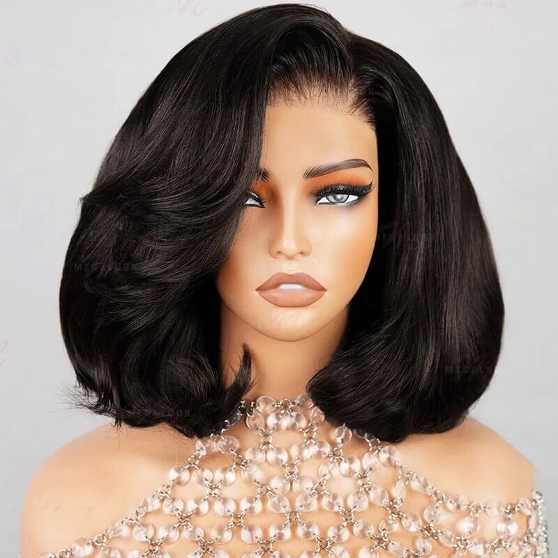 Women Human Hair Wigs Full Wavy Glueless Wear Go Lace Front Short Bob Wig UK