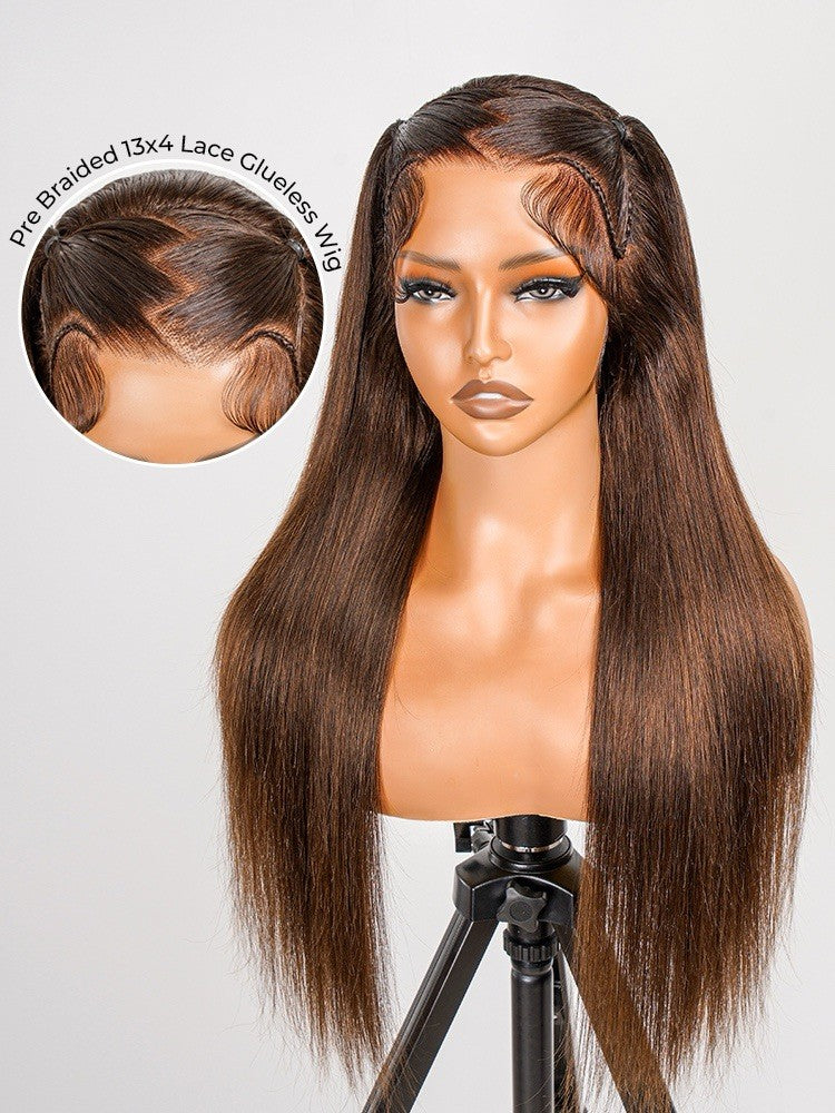 Glueless #4 Brown Pre Styled Zig Zag Part Frontal Wig Straight Lace Wig