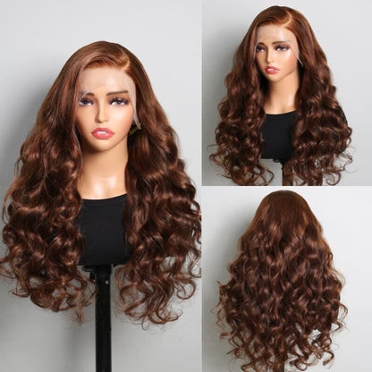 Human Hair Wigs Women Glueless Full Lace Front Wavy Long Brown Coloured Wig UK