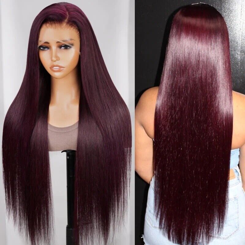 Human Hair Wigs Glueless Women Full Lace Front Straight Long Dark Purple Wig UK