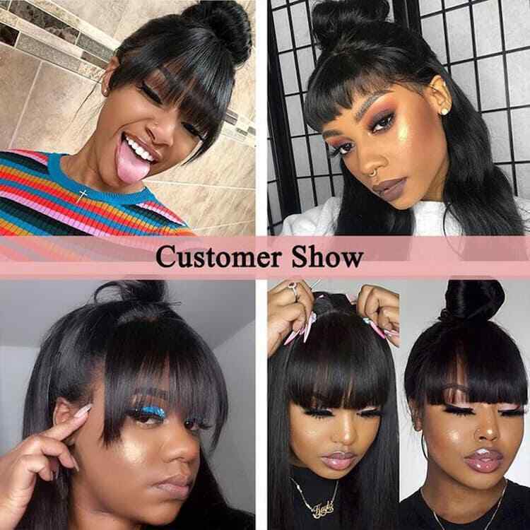 Womens Human Hair Wigs Glueless Lace Front Straight Long Wig With Bangs 210% UK