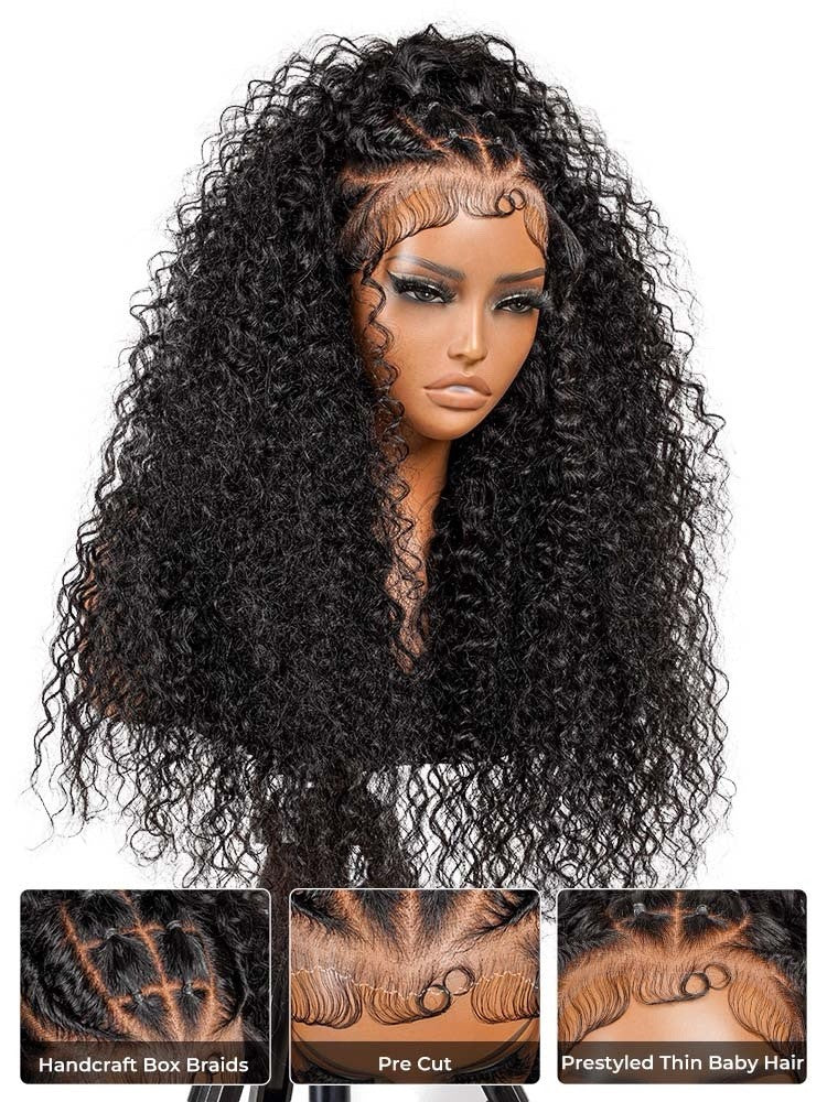 250% Density Human Hair Box Braids Wig With Flat Twists 13×6 Water Wave Wig