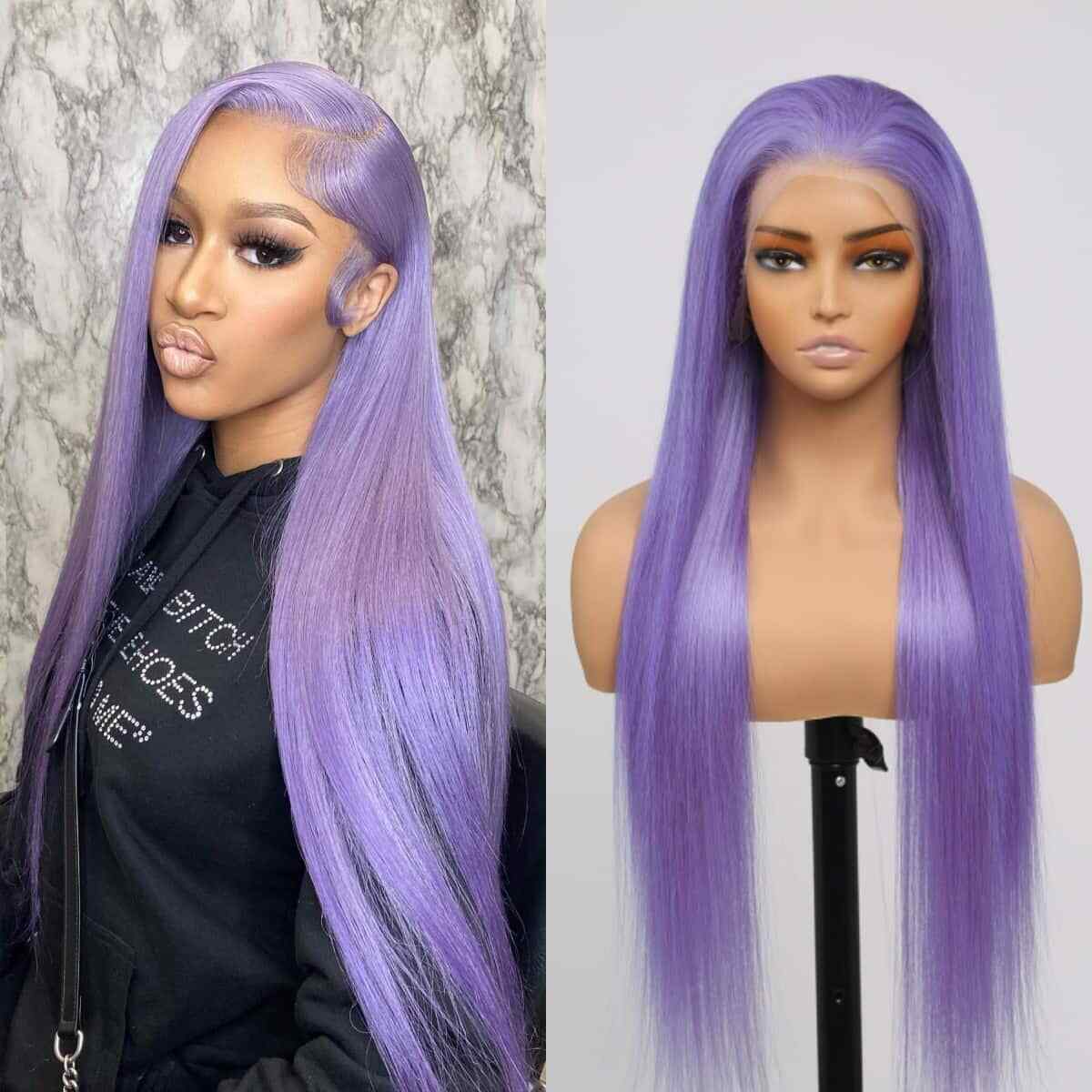 Women Human Hair Wigs Lace Front Wavy Straight Light Lavender Glueless Wig UK