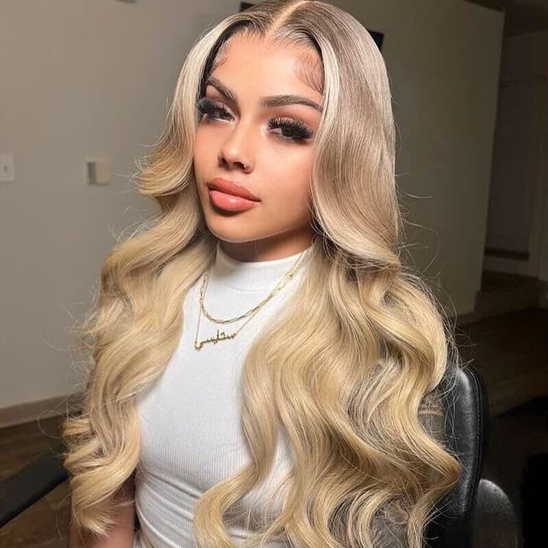 UK Women Full Wig Blonde Human Hair Wavy And Wavy Full Lace Front Long Wigs.