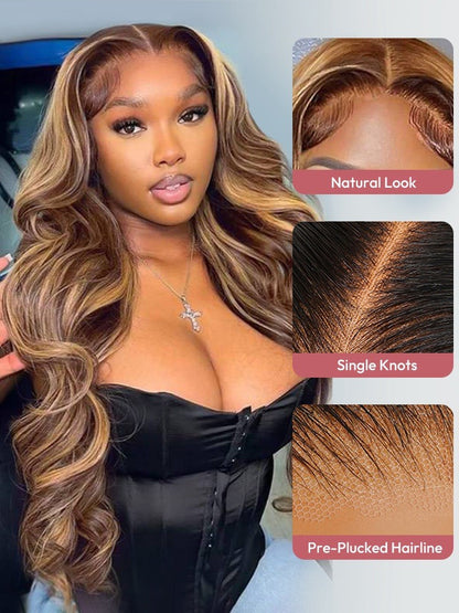 Glueless Ready To Go Wig Piano Colored Body Wave 5*5 Closure With Highlights