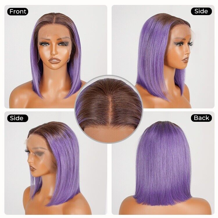 Human Hair Wigs Lace  Coloured #T4/Purple Bob Wig Glueless Women Wig UK