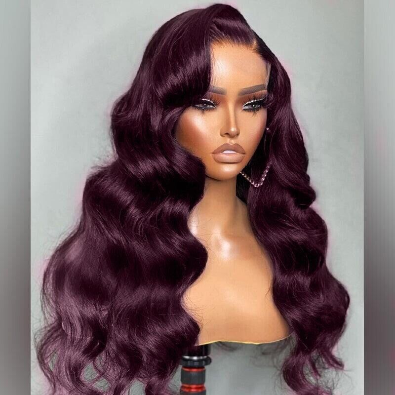 Women Human Hair Wigs Glueless Full Lace Front Dark Purple Wavy Long Wig UK