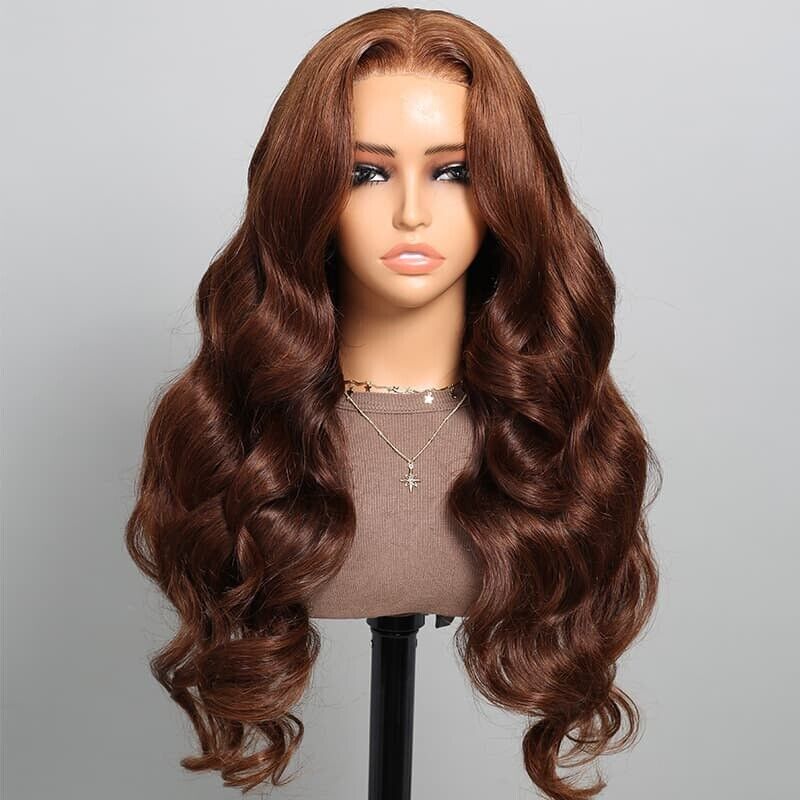 Human Hair Wigs Women Glueless Full Lace Front Wavy Long Brown Coloured Wig UK