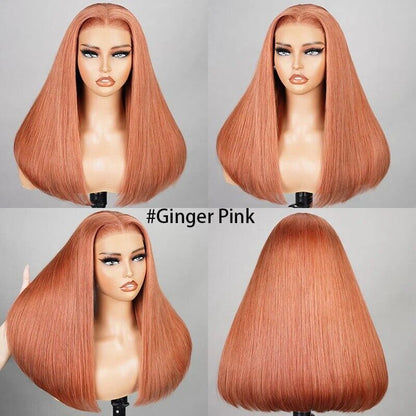 Human Hair Wigs Glueless Women Lace Front Straight Wear And Go #Ginger Pink UK