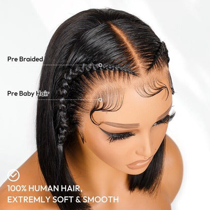 Human Hair Wigs Glueless Pre Styled Braided Ready To Wear Lace Front Bob Wig